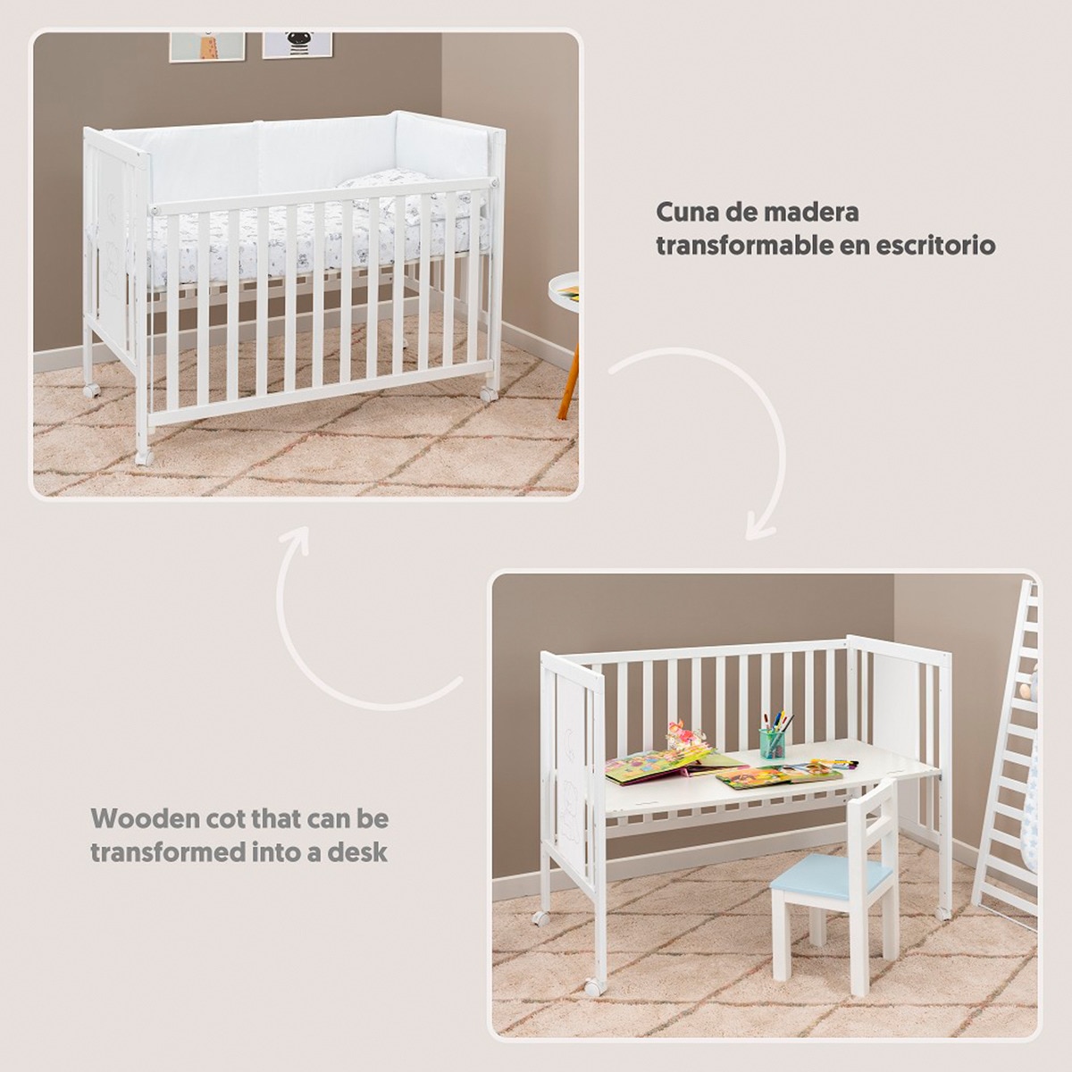 Pack cuna colecho osito convertible + colchón Blanco-7