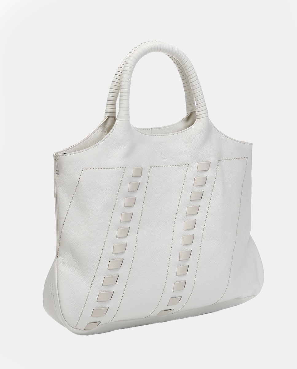 Mala Shopper Oceans Diary com Detalhes Passados em Pele - Branco Branco-2