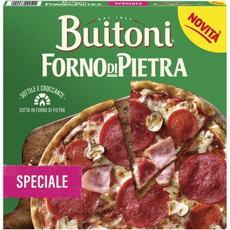 Pizza Speciale croccante con salami, jamón cocido pepperoni, champiñón y queso mozzarella estuche 350 g - Buitoni Forno Di Pietra