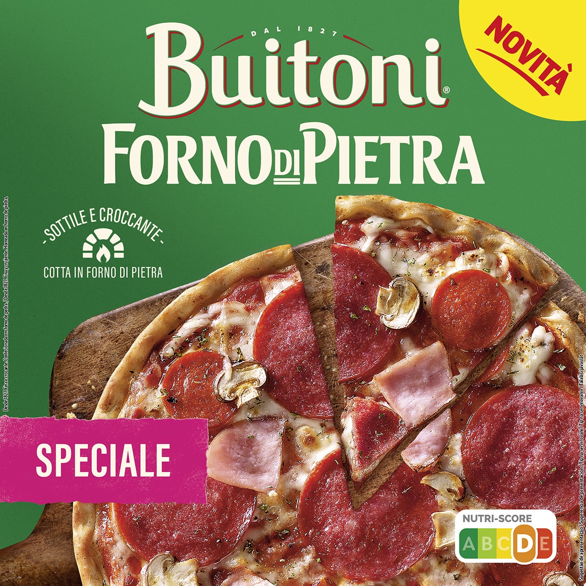 Pizza Speciale croccante con salami, jamón cocido pepperoni, champiñón y queso mozzarella estuche 350 g - Buitoni Forno Di Pietra