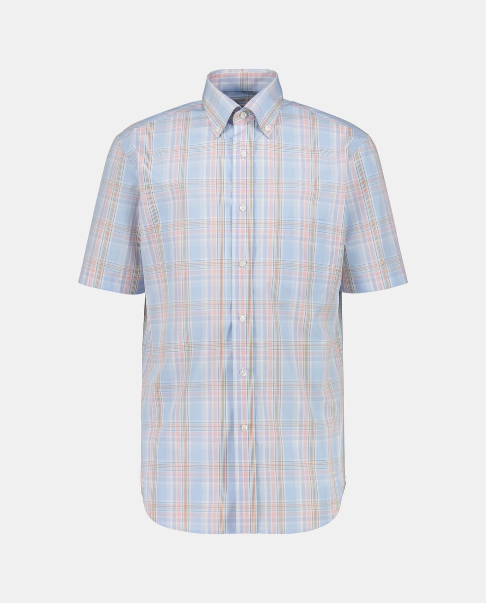 Camisa Casual de Manga Curta e aos Quadrados Azul-claro-4
