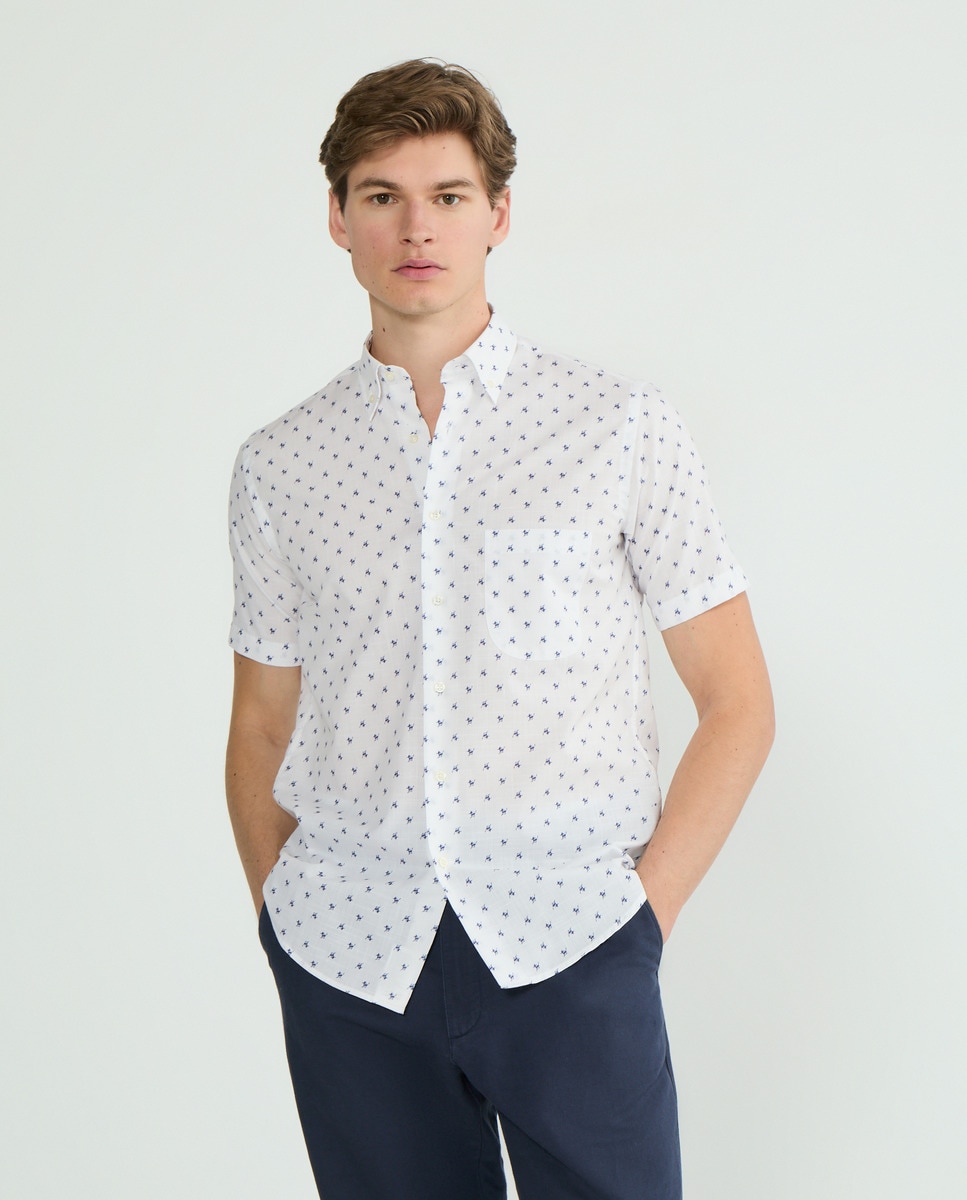 Camisa Estampada com Manga Curta Branco-1
