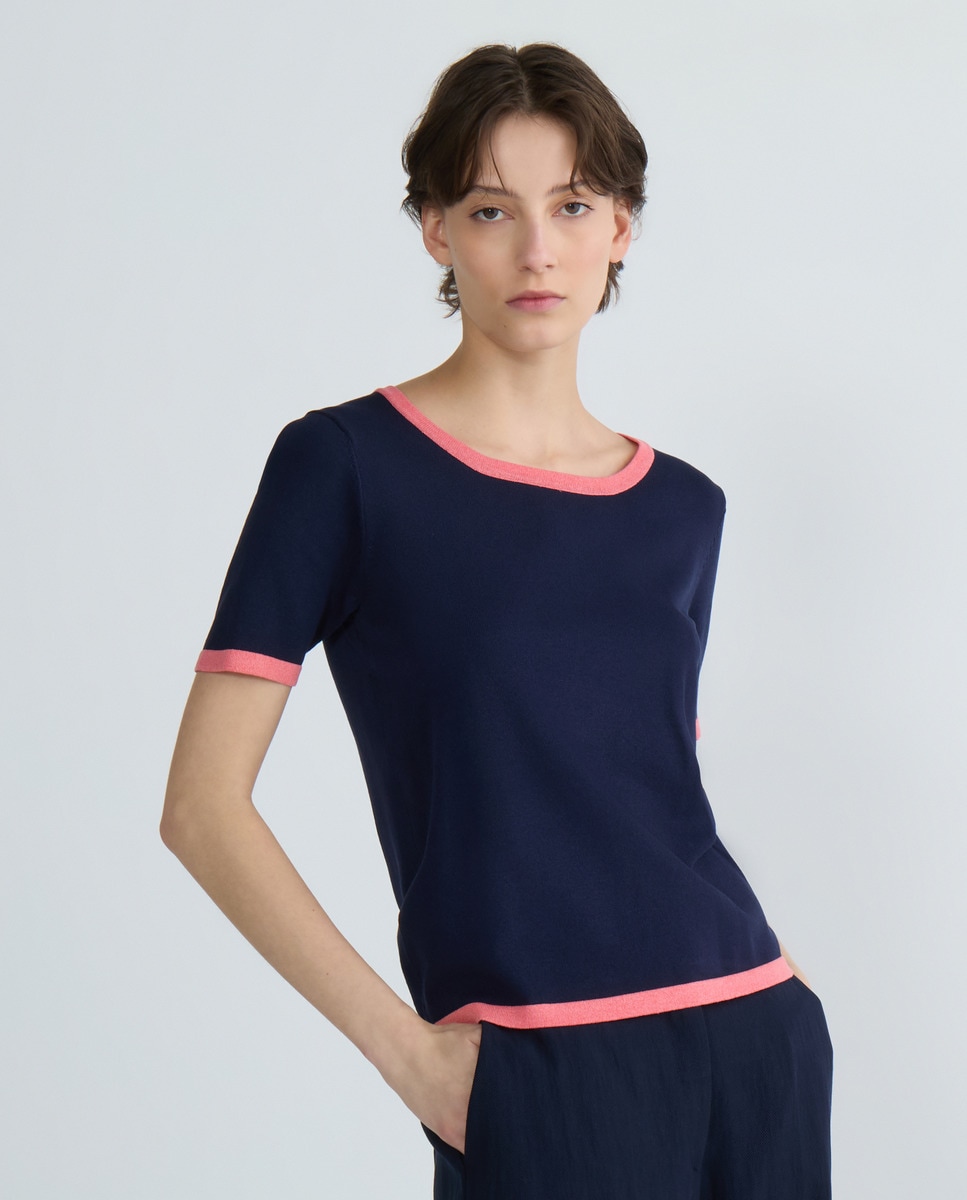 Camisola de Malha Lisa com Manga Curta Azul-marinho-1
