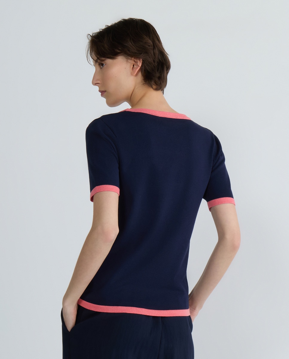Camisola de Malha Lisa com Manga Curta Azul-marinho-3