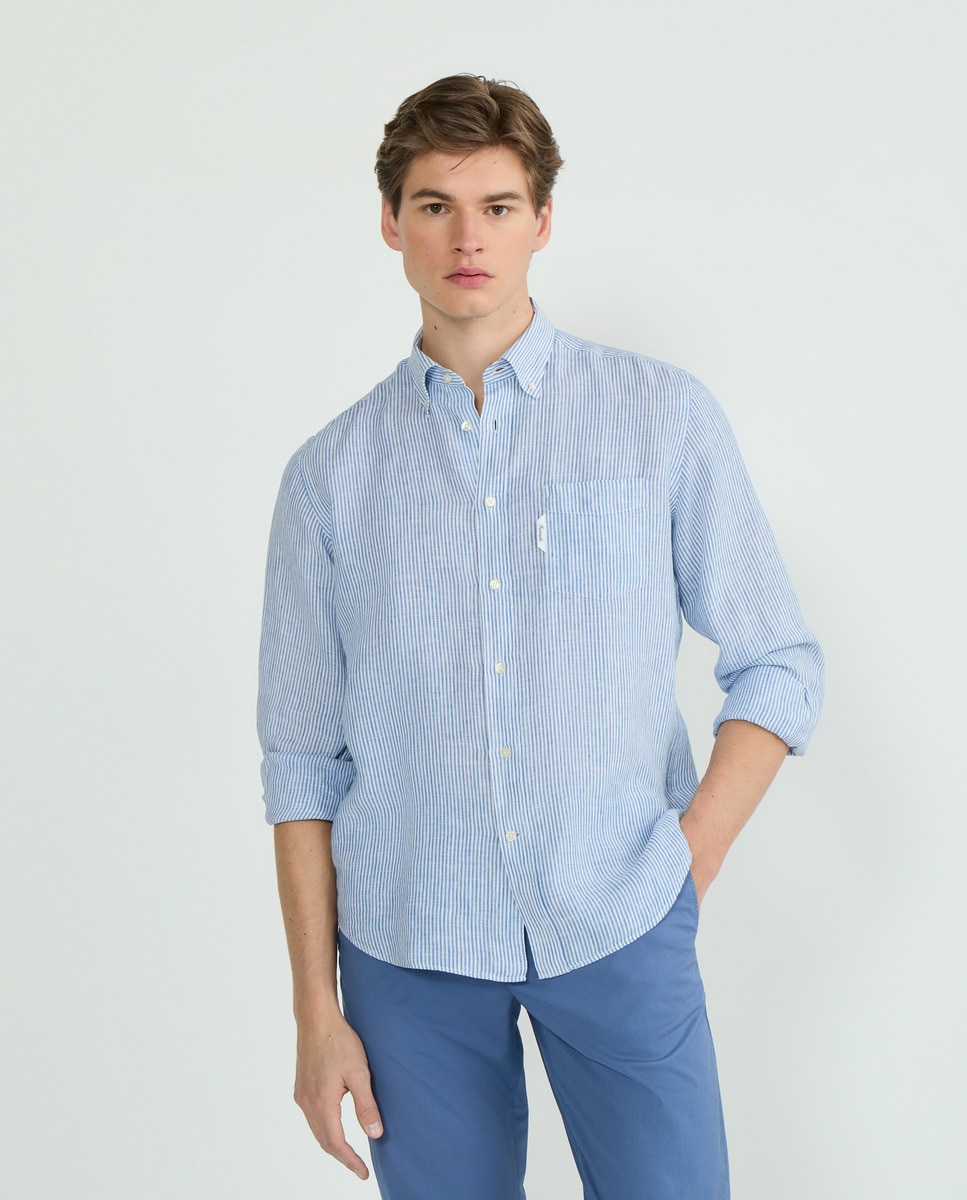 Camisa de Linho Regular Fit às Riscas Bengal Azul-1