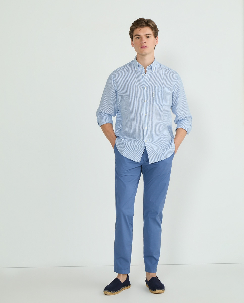 Camisa de Linho Regular Fit às Riscas Bengal Azul-2