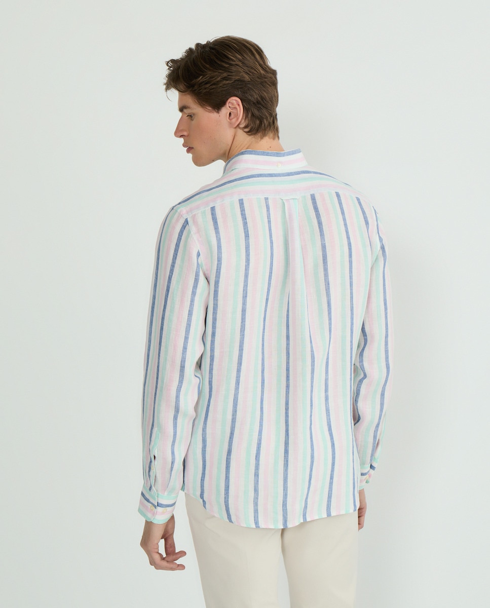 Camisa Regular Fit de Linho às Riscas Largas Multicolor-3