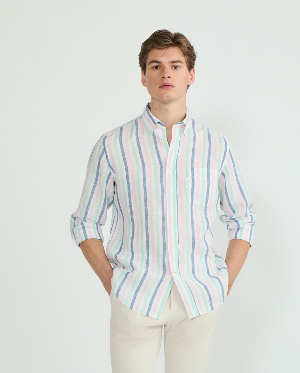 Camisa Regular Fit de Linho às Riscas Largas Multicolor-1