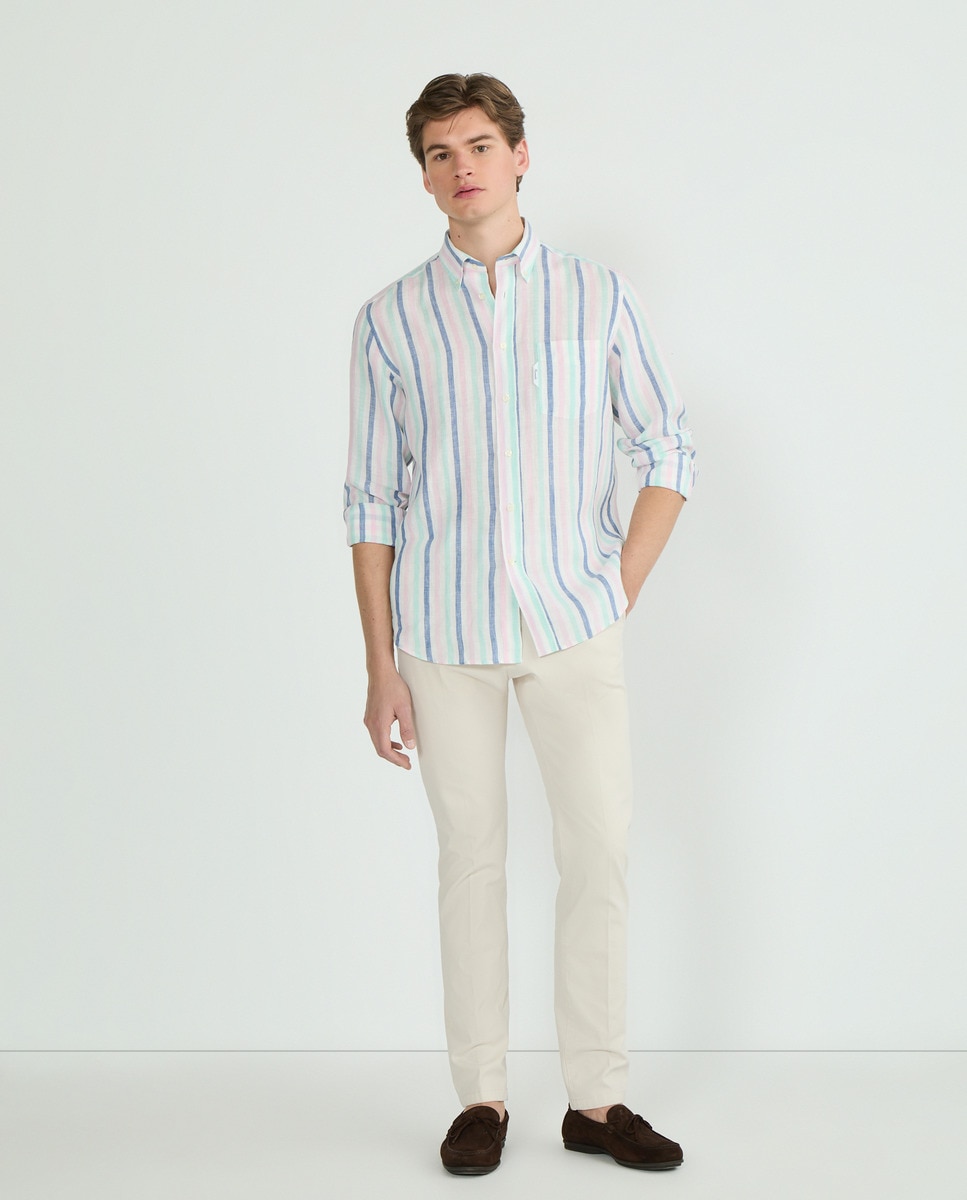 Camisa Regular Fit de Linho às Riscas Largas Multicolor-2