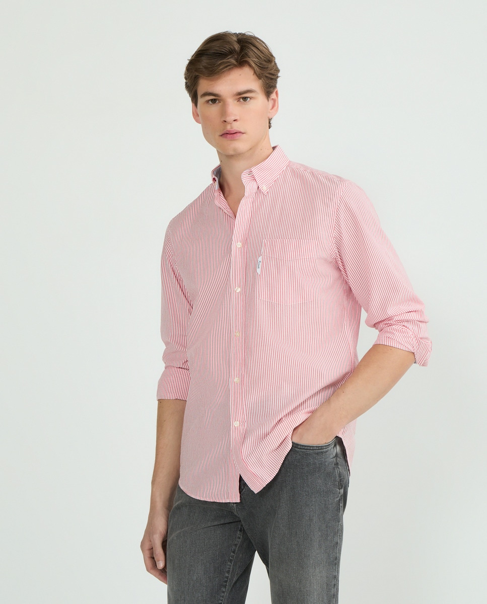 Camisa Regular Fit em Algodão e Seersucker Vermelho-1