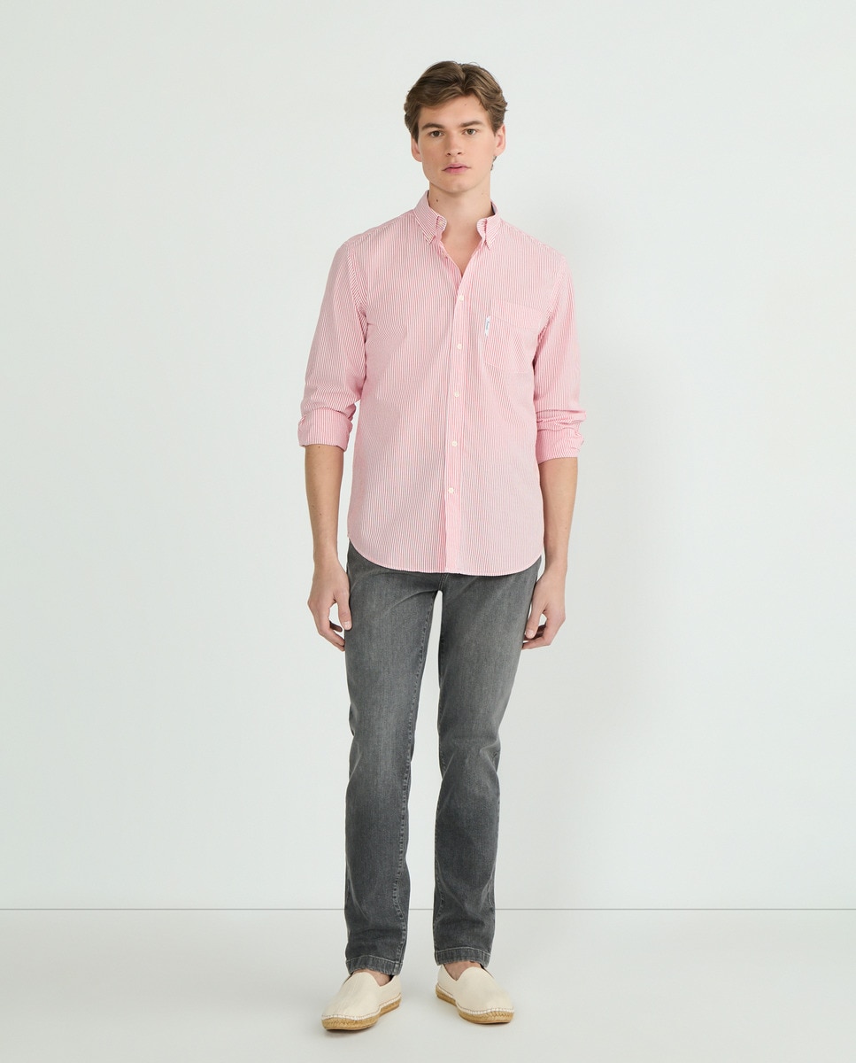 Camisa Regular Fit em Algodão e Seersucker Vermelho-2