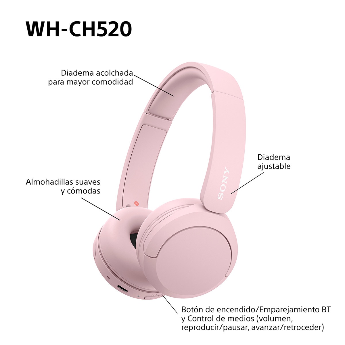 Sony WH-CH520 Auriculares inalámbricos de diadema, hasta 50h batería, ecualizador, iOS, Android y PC Rosa-8