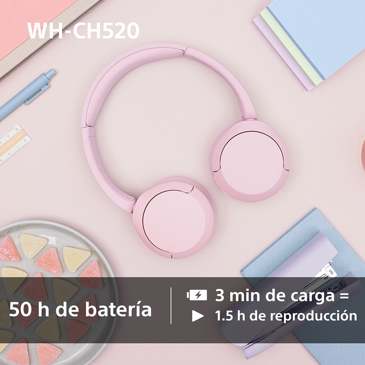 Sony WH-CH520 Auriculares inalámbricos de diadema, hasta 50h batería, ecualizador, iOS, Android y PC Rosa-5