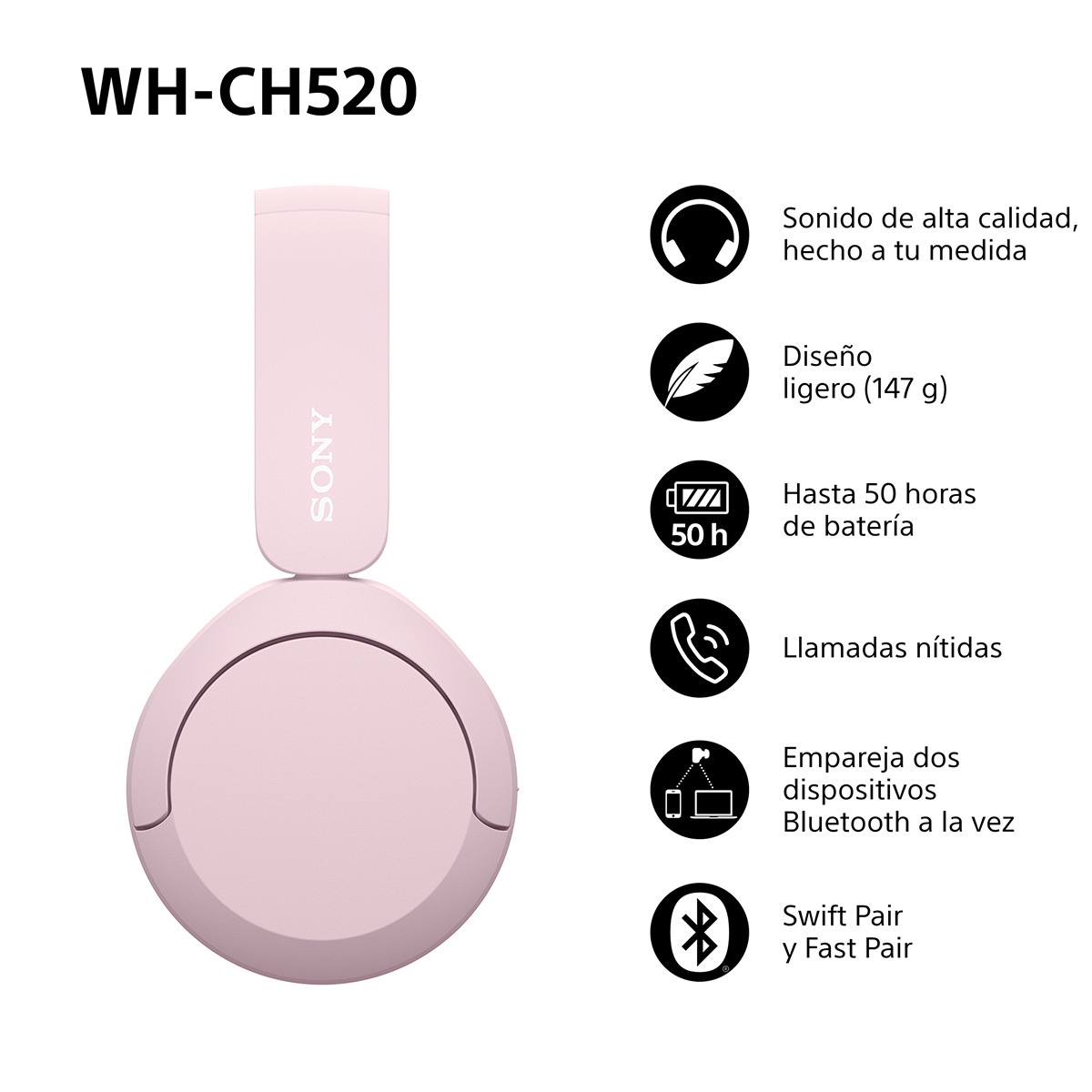 Sony WH-CH520 Auriculares inalámbricos de diadema, hasta 50h batería, ecualizador, iOS, Android y PC Rosa-2