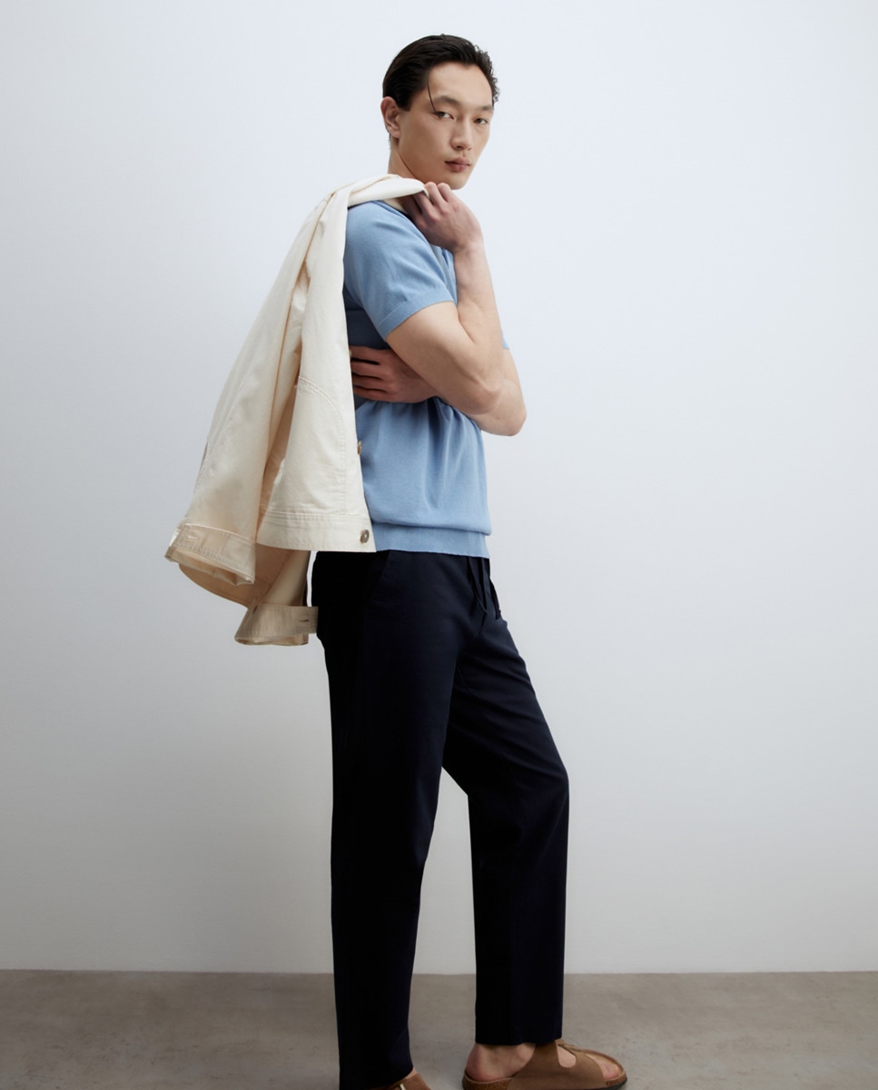 Camisola de malha com colarinho de pólo Azul-2