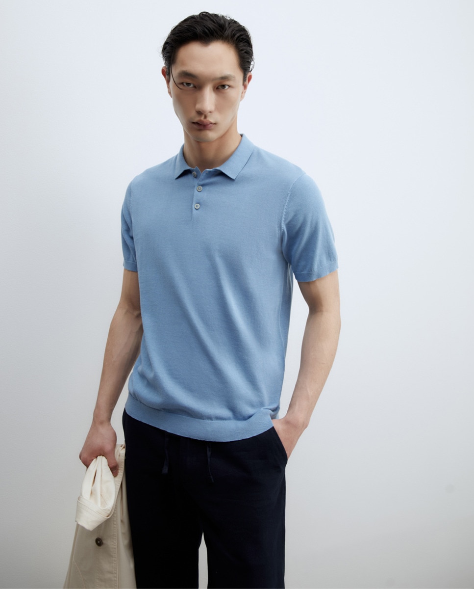Camisola de malha com colarinho de pólo Azul-1