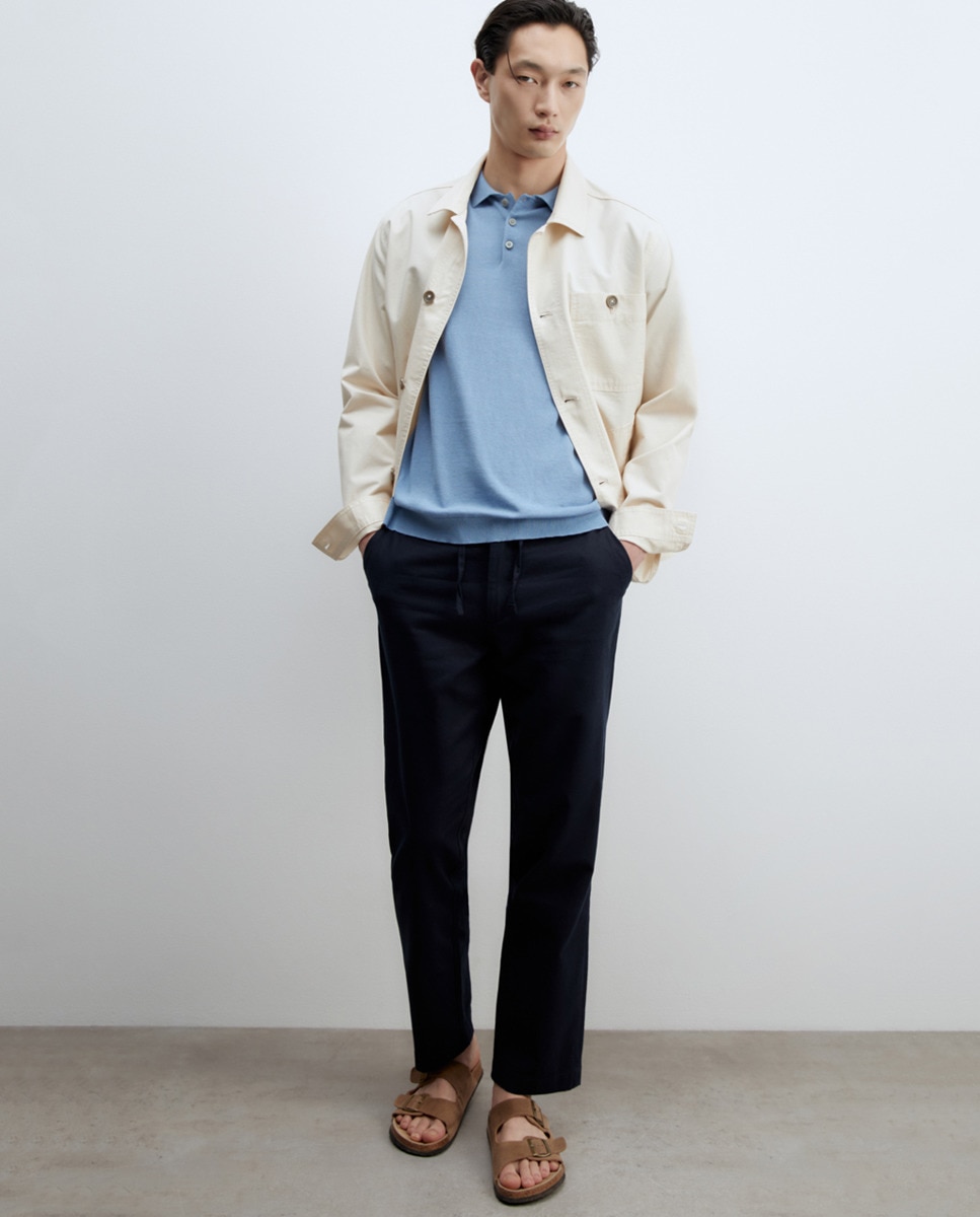 Camisola de malha com colarinho de pólo Azul-4