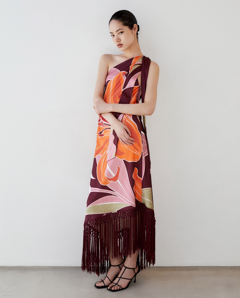 Vestido Acetinado com Franjas Multicolor-2