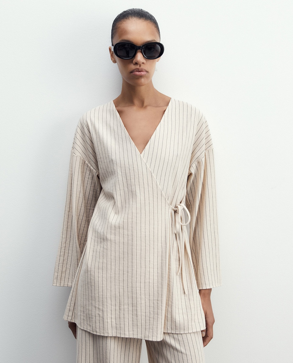Kimono com Efeito de Linho Bege-1