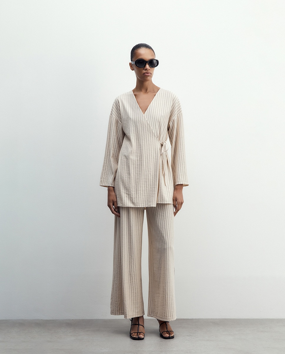 Kimono com Efeito de Linho Bege-2