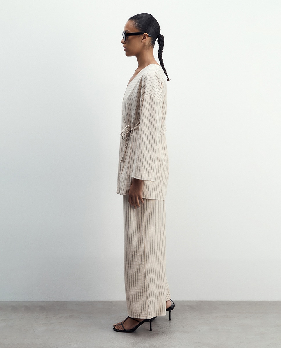 Kimono com Efeito de Linho Bege-4