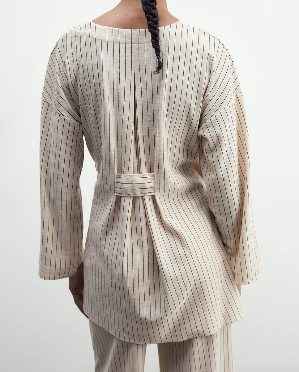Kimono com Efeito de Linho Bege-5