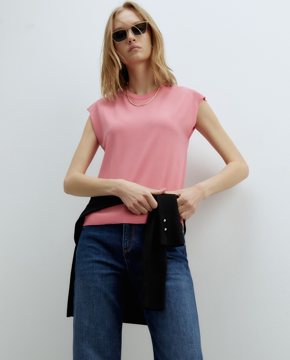 Top Liso com Manga Rosa-1