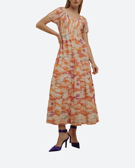 Vestido largo con nido de abeja y algodón perforado — oferta en Primeriti