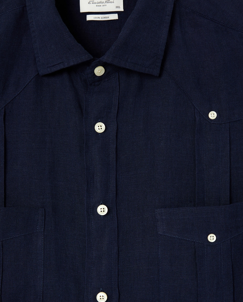 Guayabera 100% Linho Lisa com Manga Comprida Tamanhos Grandes Celeste-5