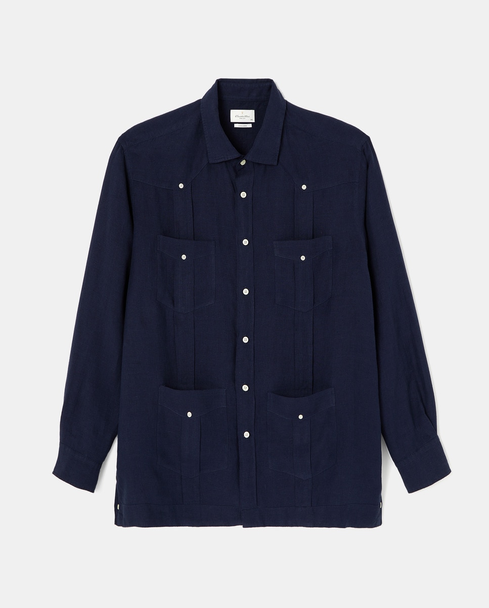 Guayabera 100% Linho Lisa com Manga Comprida Tamanhos Grandes Celeste-4