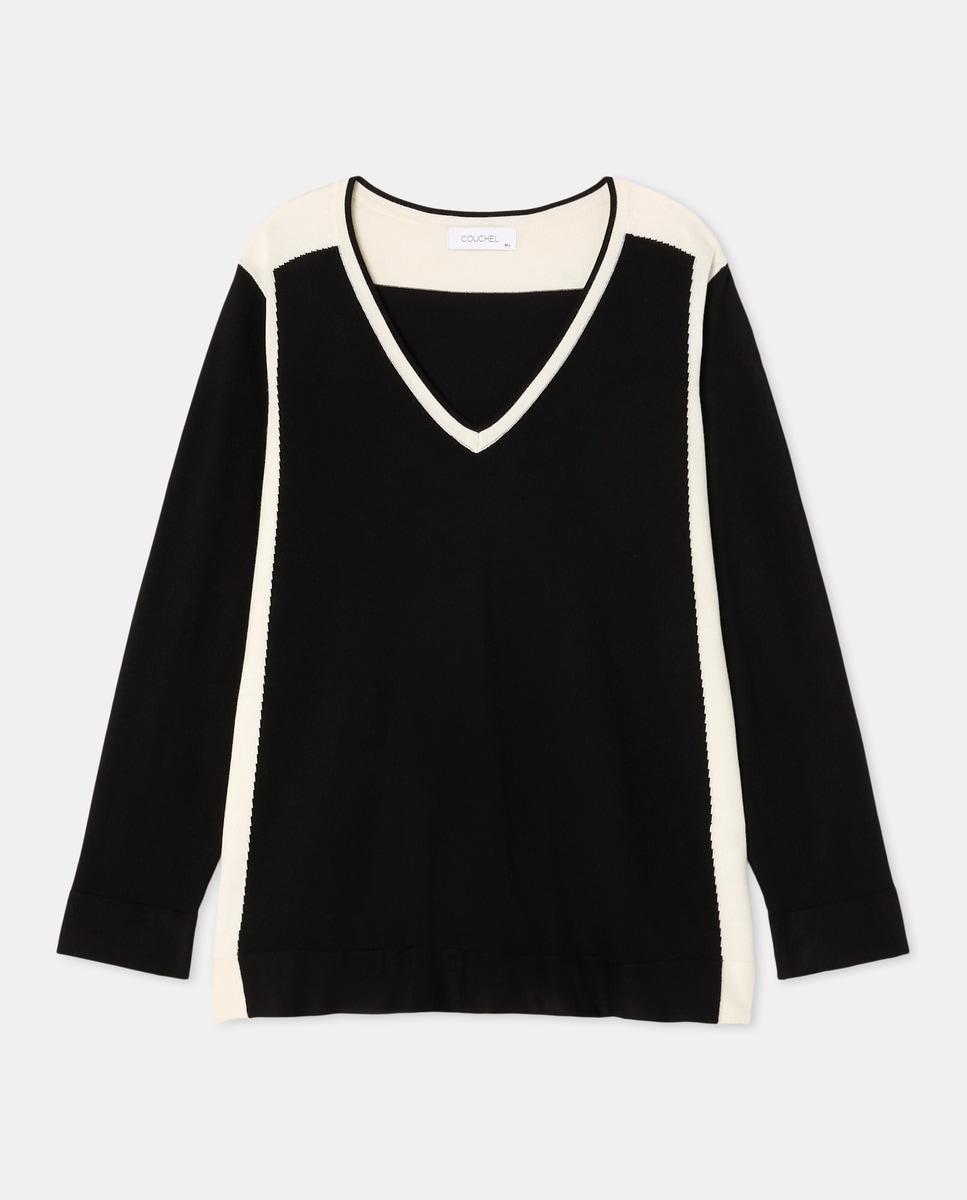 Camisola de Malha de Manga Comprida com Decote em Bico Preto-1