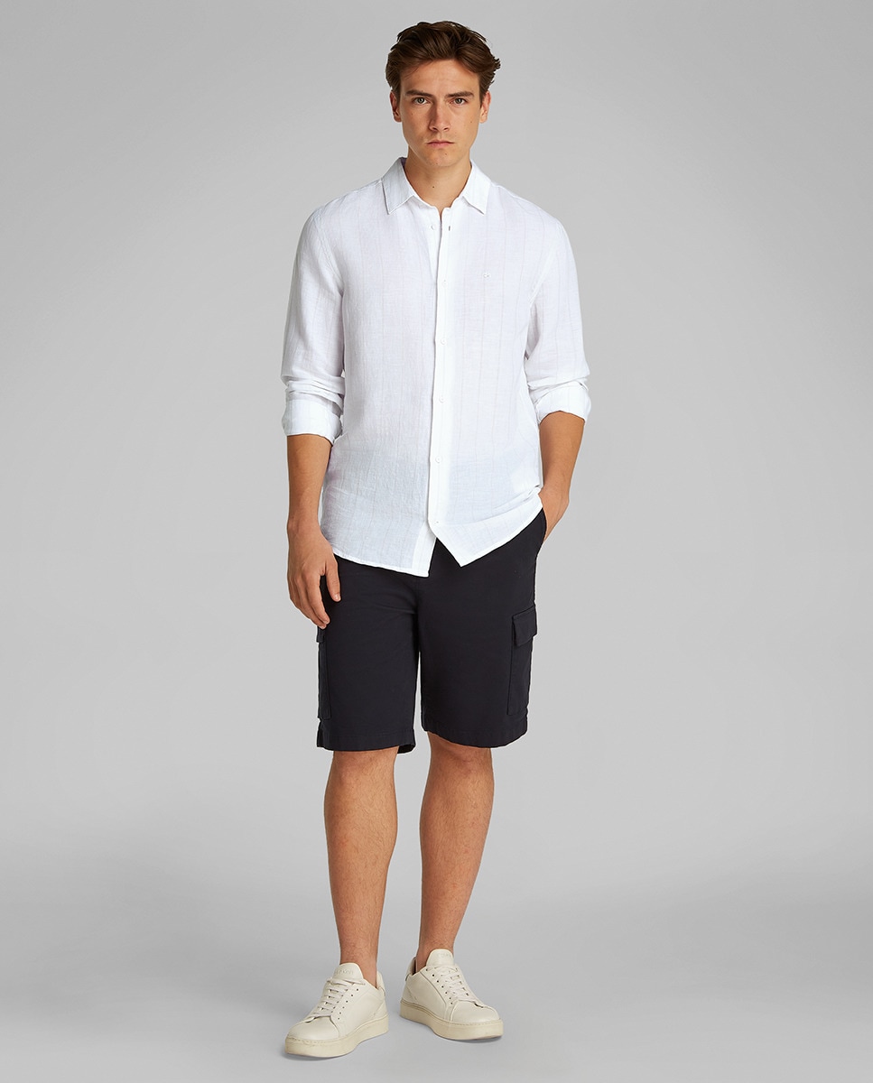Camisa Formal de Linho às Riscas Cinzento-claro-4