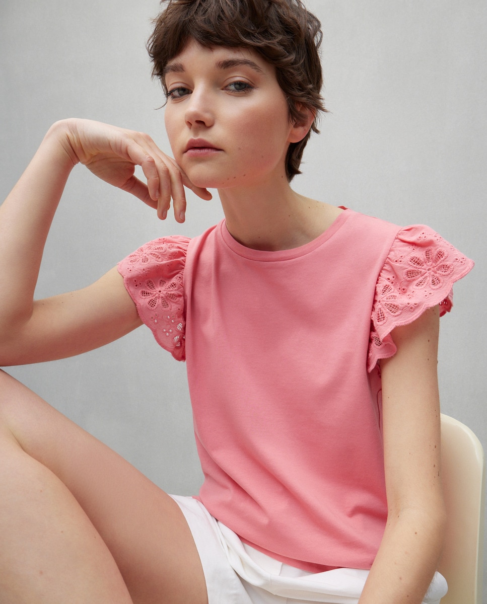 T-shirt de Manga com Bordado 630 Coral-2