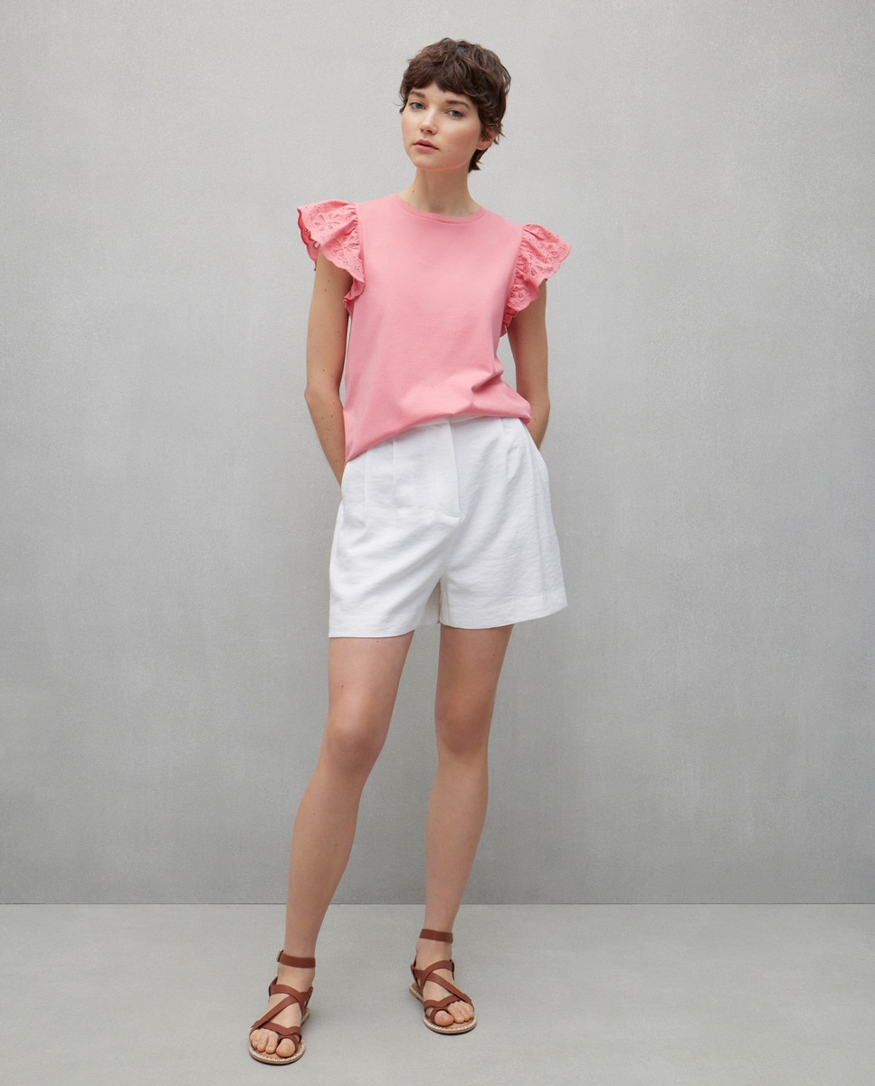 T-shirt de Manga com Bordado 630 Coral-1
