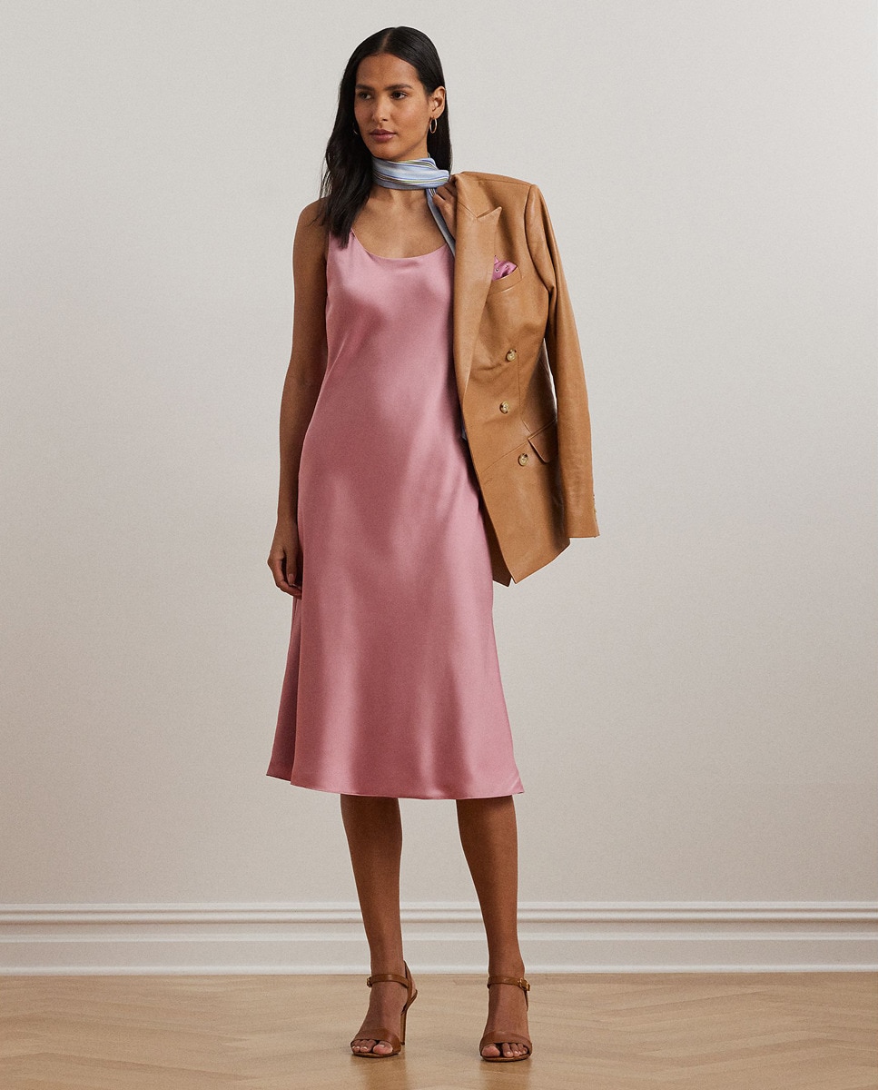Vestido Midi de Cetim com Alças Rosa-1