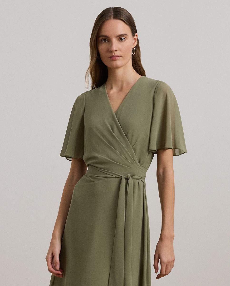 Vestido midi cruzado com folhos Verde-4