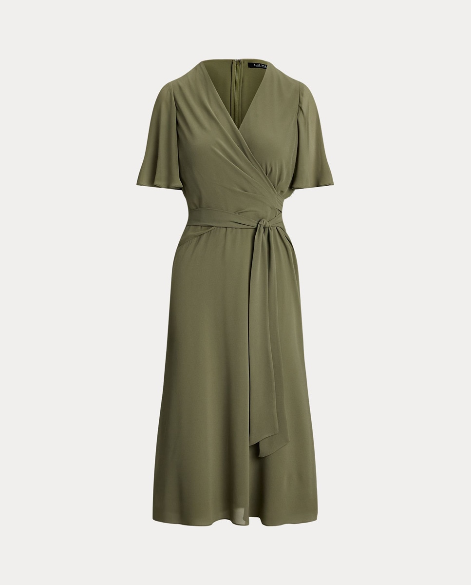 Vestido midi cruzado com folhos Verde-7