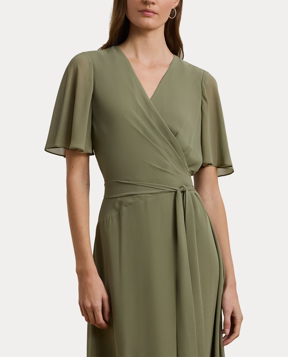 Vestido midi cruzado com folhos Verde-6