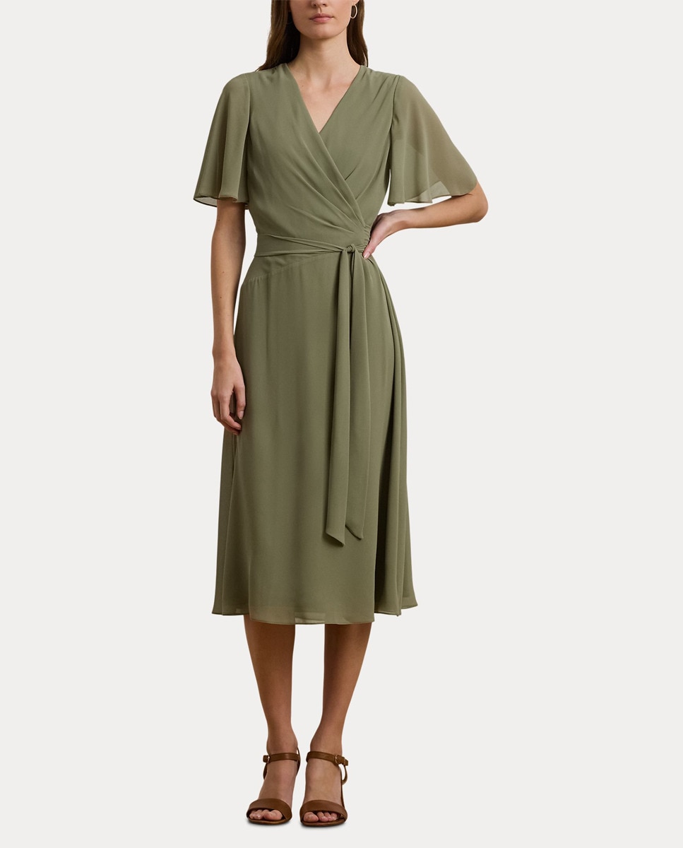 Vestido midi cruzado com folhos Verde-8