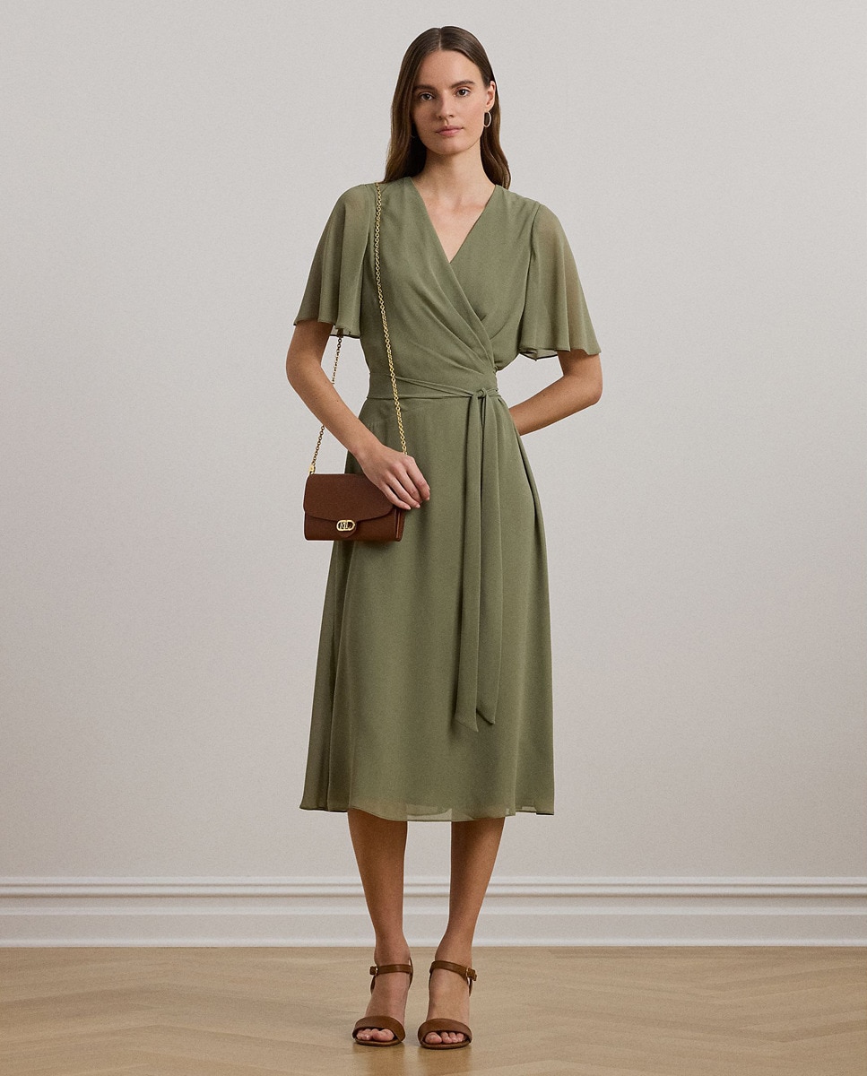 Vestido midi cruzado com folhos Verde-1