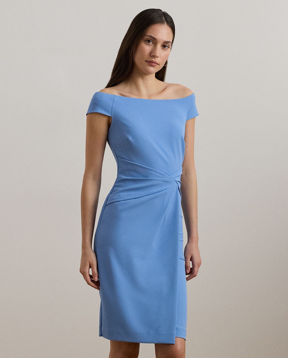 Vestido de Cocktail de Crepe Drapeado Azul-3