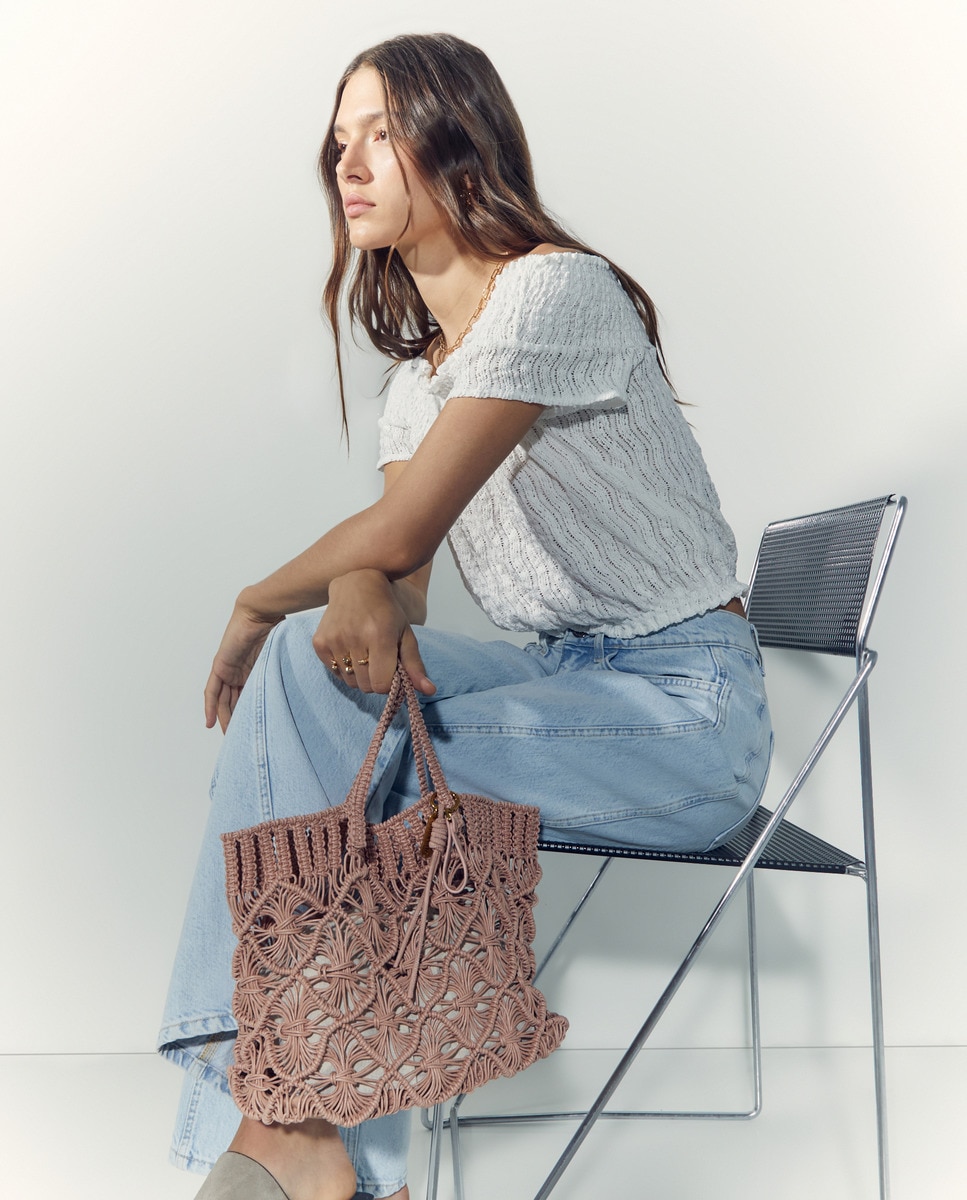 Mala Shopper Entrançada à Mão Rosa-4