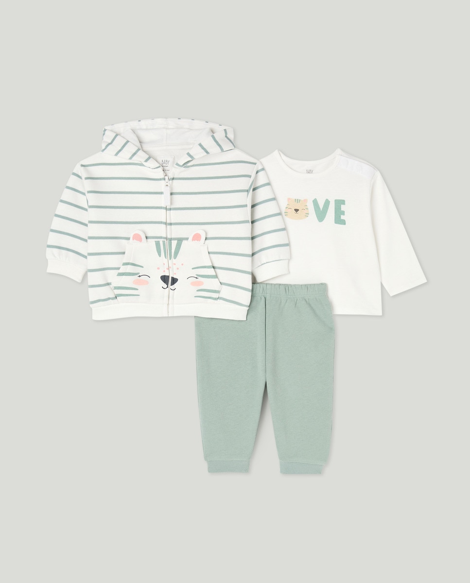 Conjunto de 3 Peças de Bebé às Riscas e com Estampado Posicional Multicolor-1
