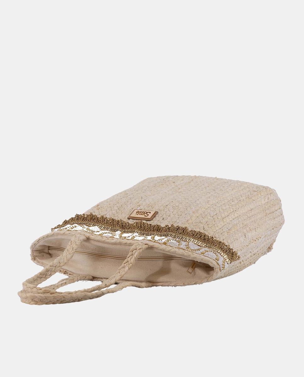 Mala Shopper Maxi de Juta Combinada com Passamanaria Dourada Bege-3