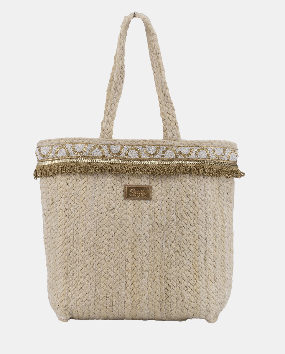 Mala Shopper Maxi de Juta Combinada com Passamanaria Dourada Bege-2