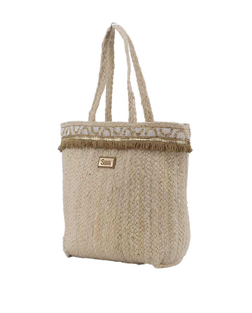 Mala Shopper Maxi de Juta Combinada com Passamanaria Dourada Bege-1