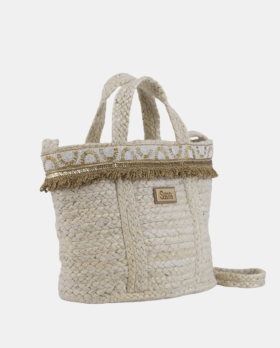Mala Tipo Tote Grande de Juta Combinada com Passamanaria Dourada Bege-2