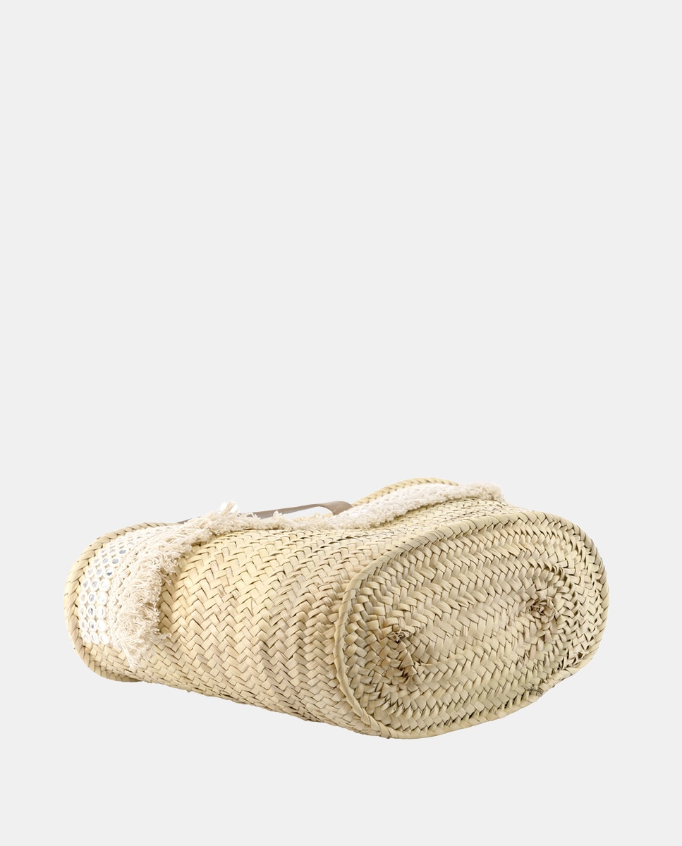 Cesta Média de 8 Voltas de Palma Natural Combinada com Franjas e Espelhos Bege-5