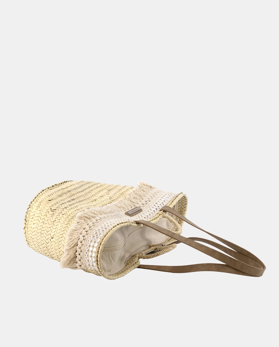 Cesta Média de 8 Voltas de Palma Natural Combinada com Franjas e Espelhos Bege-4