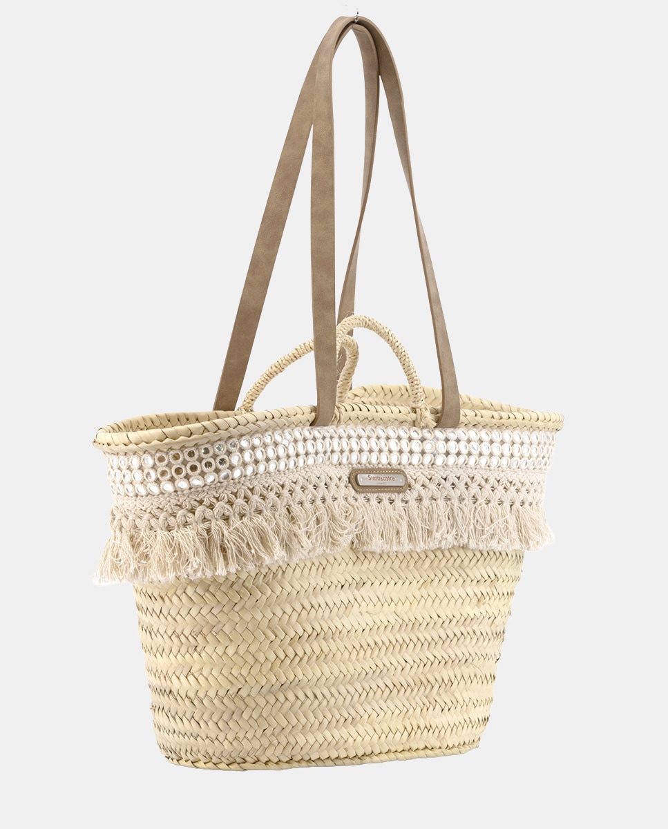 Cesta Média de 8 Voltas de Palma Natural Combinada com Franjas e Espelhos Bege-3